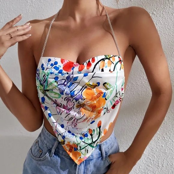 Tops - Floral Print Cropped Handkerchief Halter Top, Chain Ties Backless - NEW